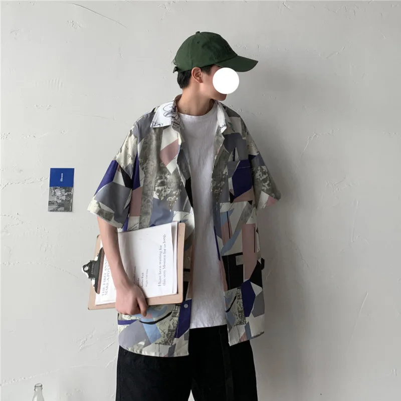 Summer Dress Shirt Men's Fashion Geometric Printed Casual Shirts Mens Streetwear Wild Loose Short Sleeve Shirt Men M-5XL