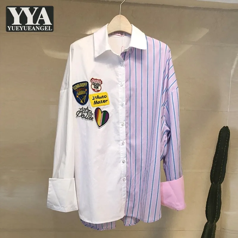 Women Casual Shirt Fashion Patchwork Striped Shirts Lapel Loose Fit Long Sleeve Single Breasted Tops Female Spring Blouses