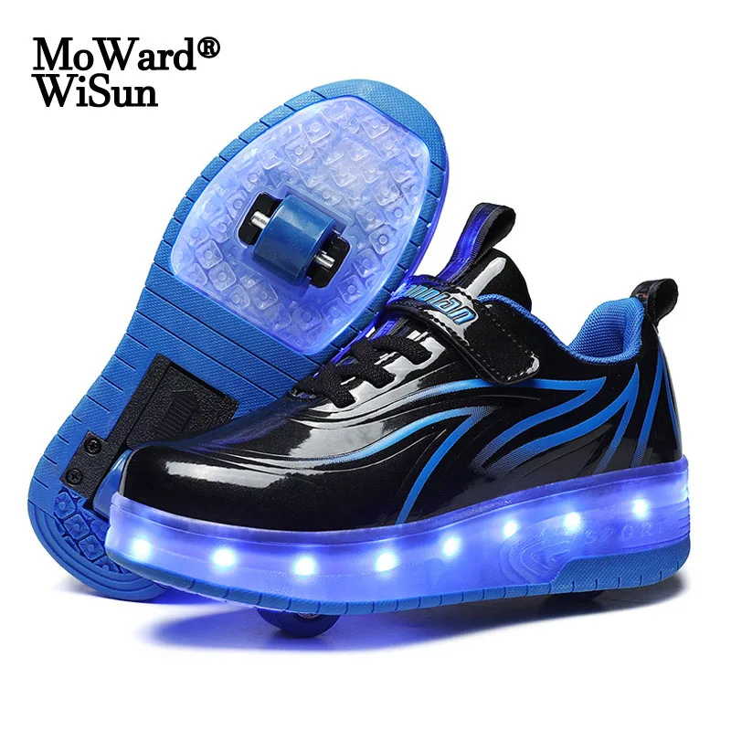 

Детские кроссовки со светодиодной подсветкой, Двойные колеса, зарядка через USB, светящиеся кеды для мальчиков и девочек, размеры 28-40