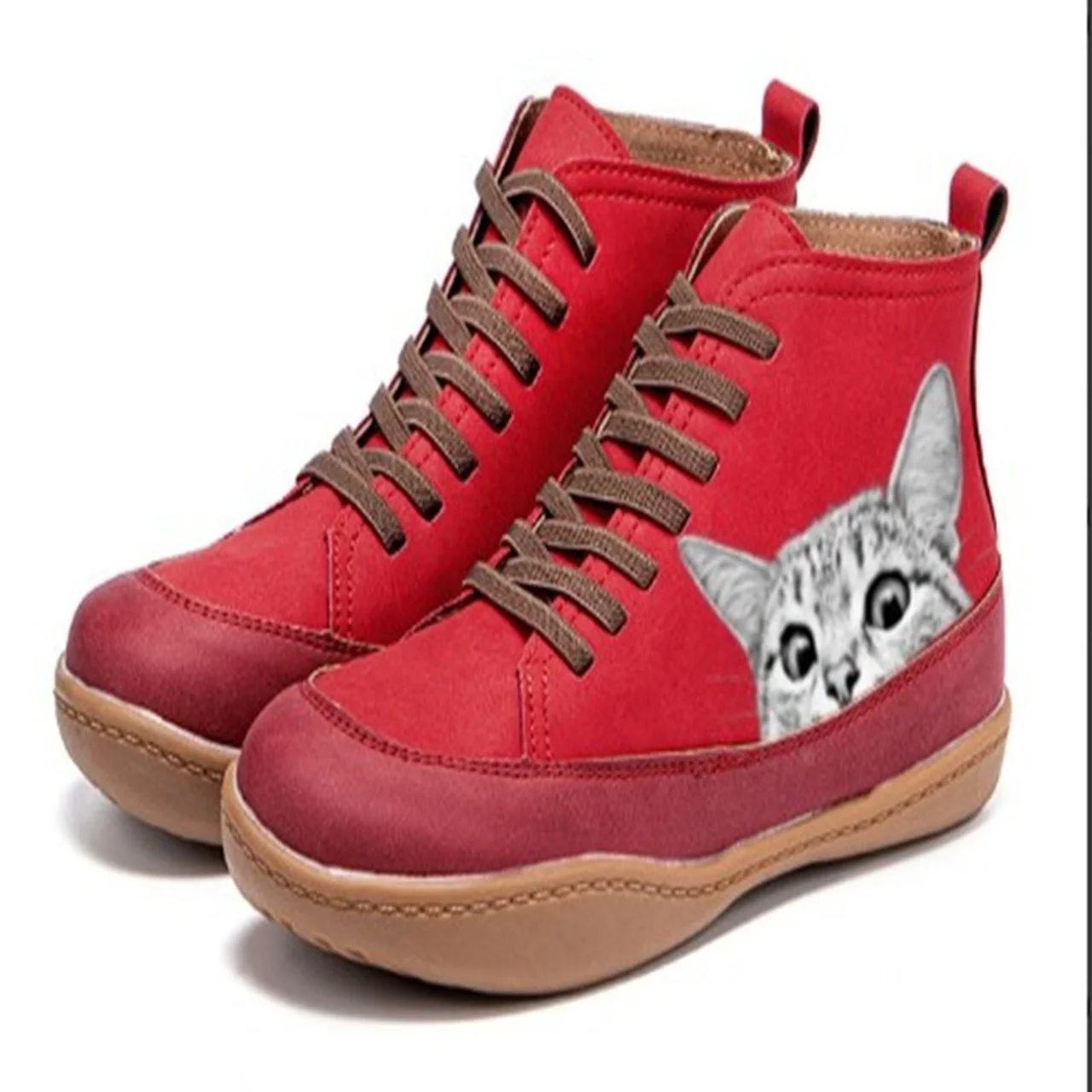 

Large size winter new female comfortable cartoon white cat print leather comfortable flat boots 2021round toe lace-up flat shoes