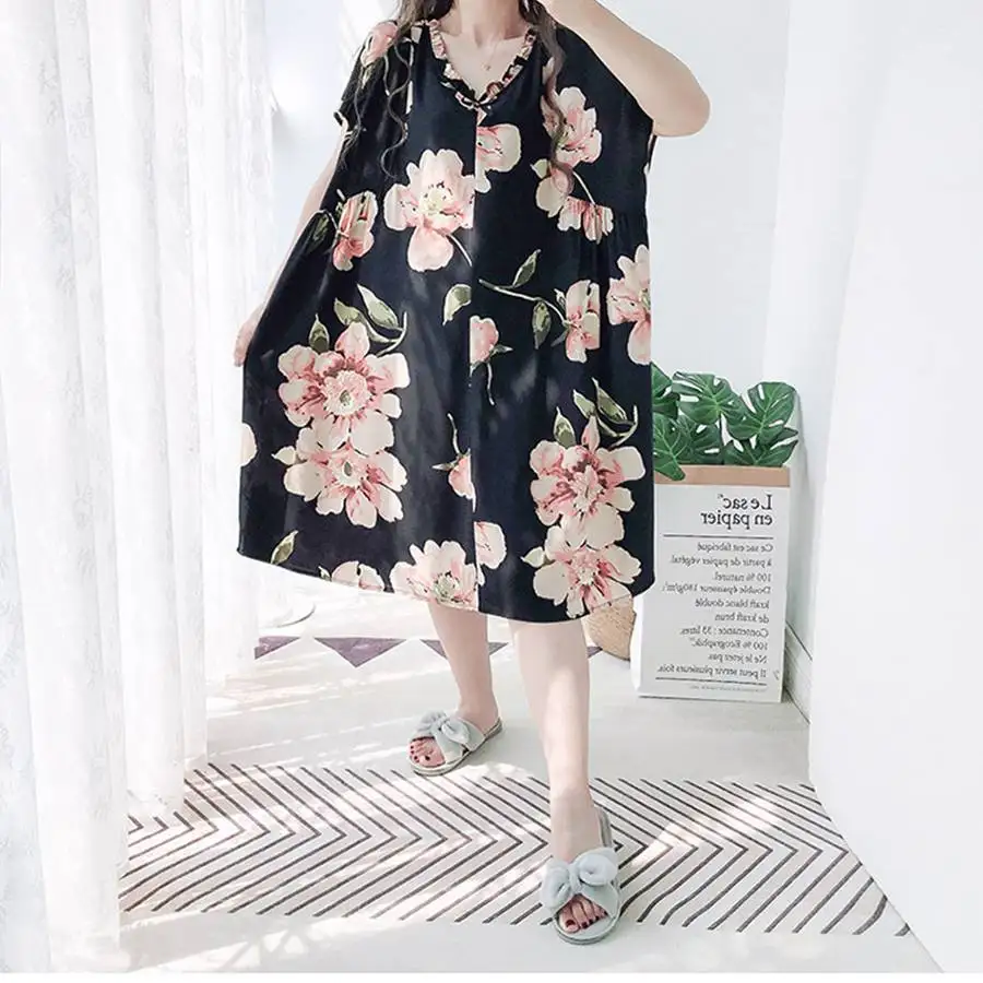 

Большая летняя ночная рубашка с цветочным рисунком, обхват груди 148 см 150 кг, винтажные платья, Повседневная Свободная Домашняя одежда, Женск...