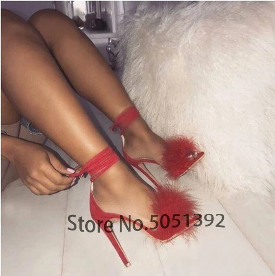 Online Hak Tinggi Bulu Stiletto Sandal Terbuka Toe Musim Panas Wanita Gaun Sepatu Satu Tali Ankle Dasi Memotong Cover Tumit Pengantin Sandal Sepatu