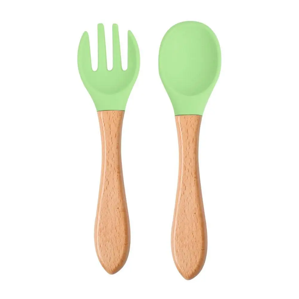 2 piezas cuchara de silicona para beb&eacute;s tenedor mango de madera cubiertos de Color para alimentos para beb&eacute;s cuchara de caramelo de silicona suave conjunto de alimentaci&oacute;n Z7B3-1