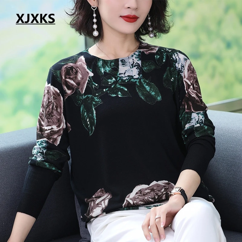 XJXKS Modis Print Flower Sweater Women Vintage Beautiful Sweaters And Pullovers Long Sleeve Tops Knitted | Женская одежда