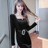 elegant square collar dot split velvet dress women long sleeve high waist belt slim bodycon dress office lady black pencil dress
