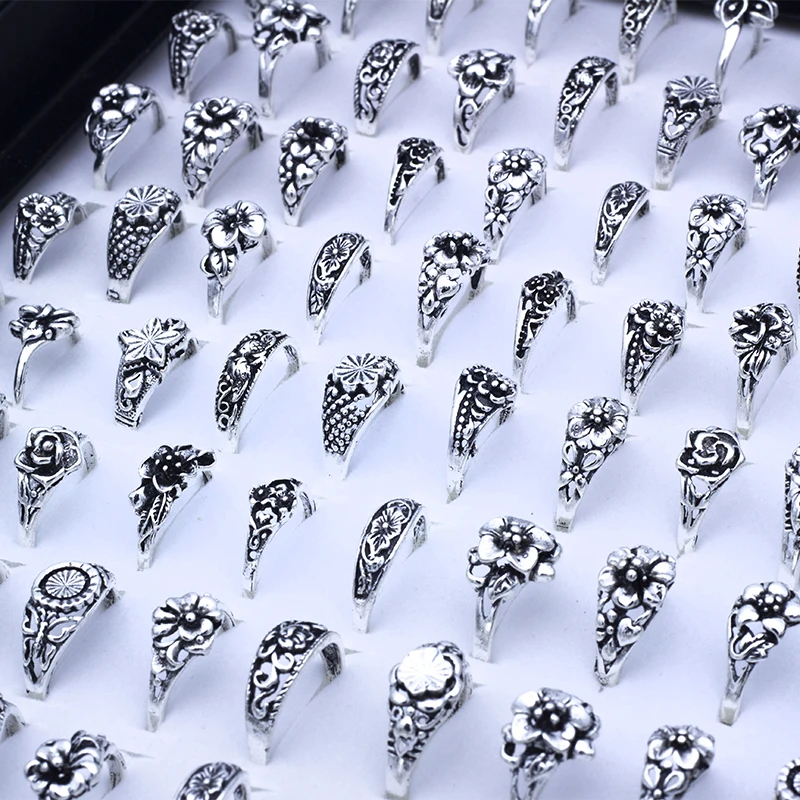 50 Pieces/lot Vintage Women Small Flower Charm Ring Wholesale Mix Style Silver Plated Statement Fashion Jewelry for Patry