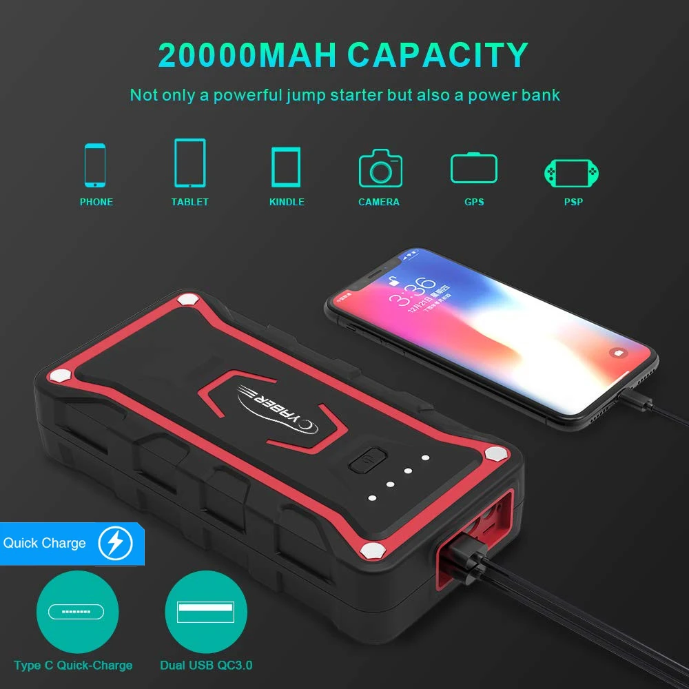 

Yaber 20000mAh Jump Starter Emergency Jump starter Battery Power Bank Auto Booster Peak Amper 1600A for All Gas and 7L Diesel