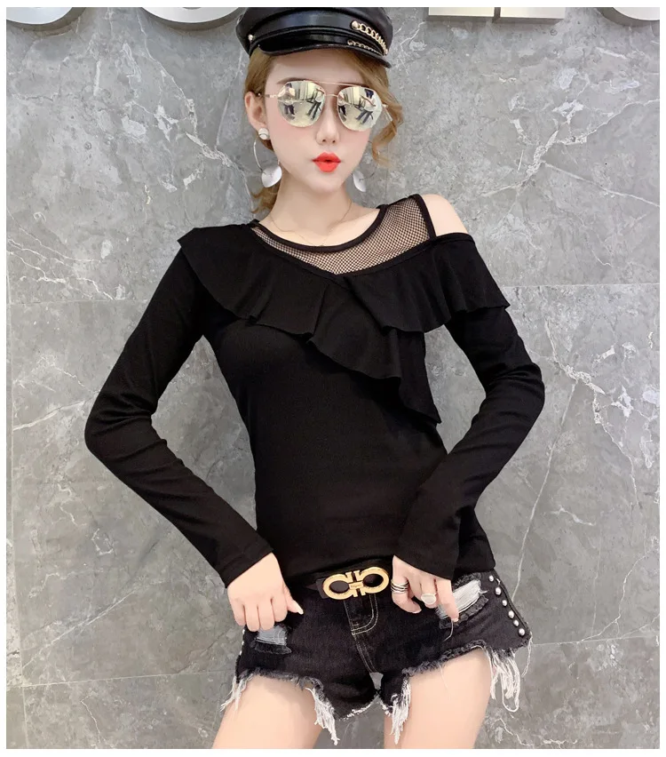 3726 Black Long Sleeve T Shirt Women One Shoulder Tops Spliced Ruffles Slim Stretch Sexy Nightclub Top Female Mesh Round Neck