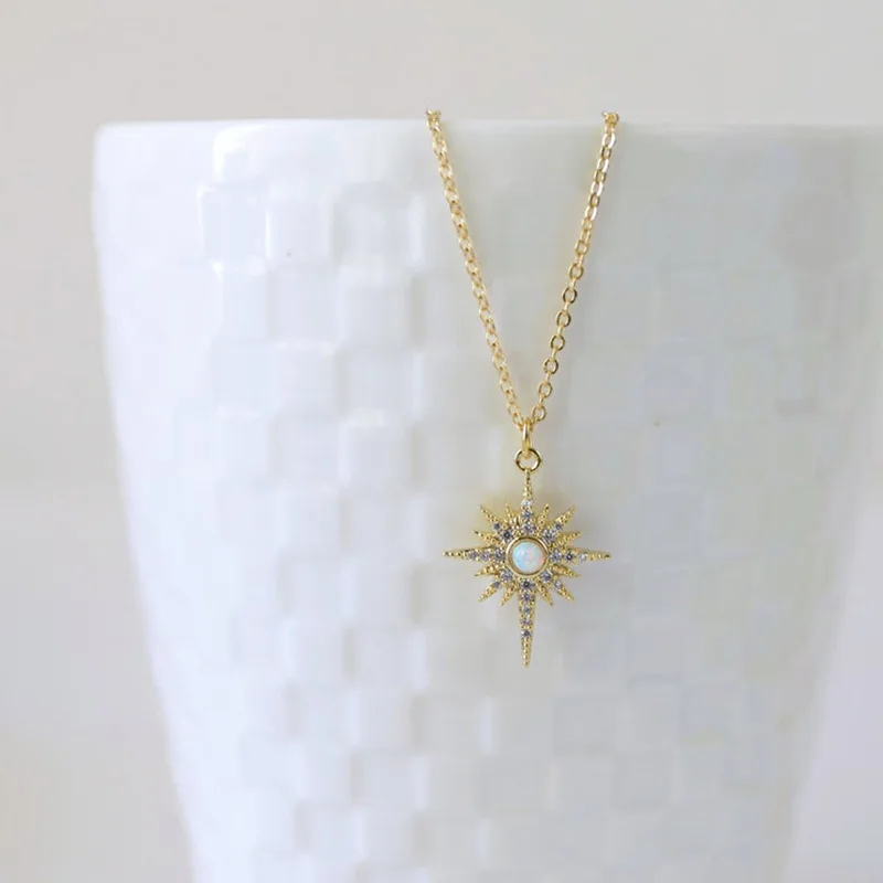 

Dainty Female White Opal Pendant Necklace Cute Gold Color Long Chain Necklace Charm Crystal Snowflake Wedding Necklace For Women