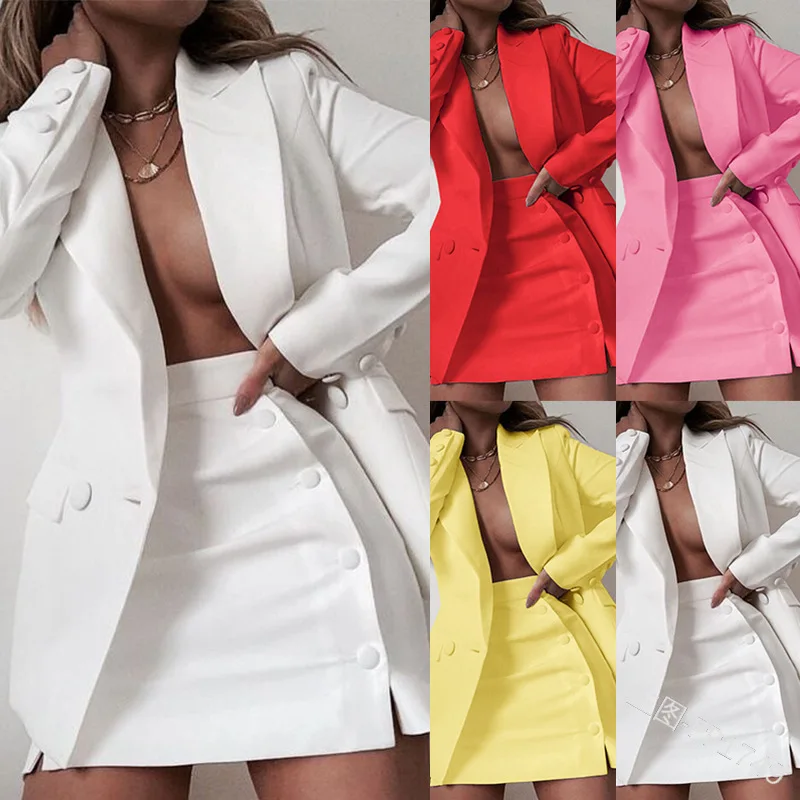 

2021 Fall Spring Pure Color Suits Elegant Ladies Small Suit Jacket Short Skirt Two-Piece Set Wholesale Women Blazer Mini Dresses