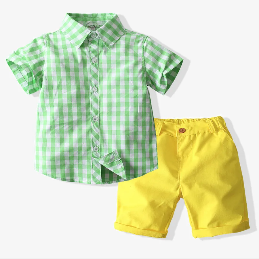 

Летняя одежда для мальчиков, джентльменский костюм, Повседневная клетчатая рубашка с коротким рукавом и короткие брюки, комплект из 2 предм...