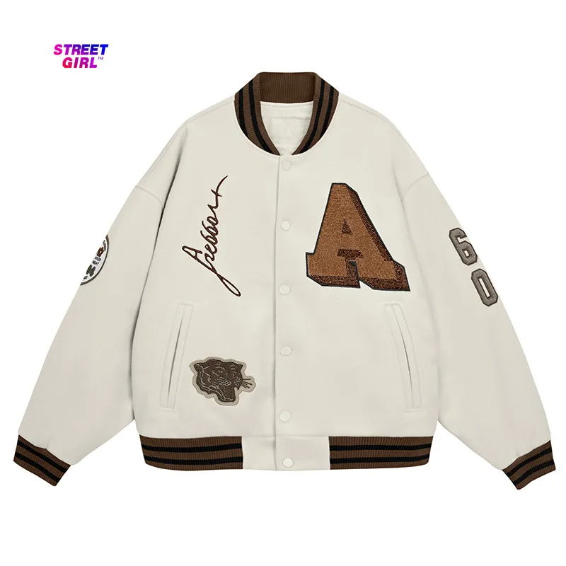 

2021 new letter hot rhinestone embroidery loose American retro jacket