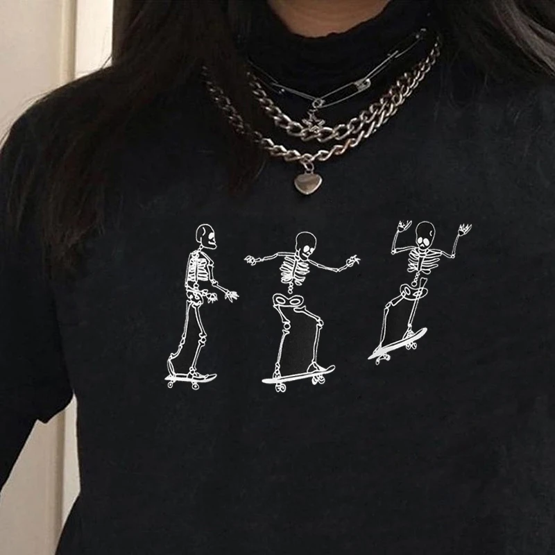 

The Three skateboard skeleton Graphic Tee Punk Style Skull Cool Grunge Unisex T-Shirt Hallowmas tee Gift Black Women T-Shirt