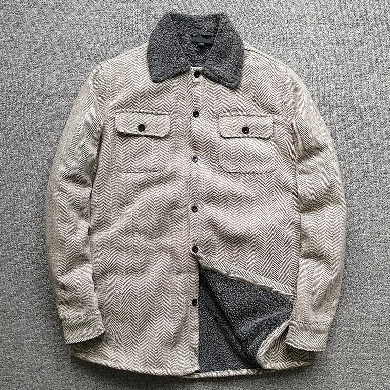 

Striped Lamb Cashmere Jacket Men Autumn Winter Thickening Warm Long-Sleeve Lamb Collar Lapel Single-Breasted Woolen Coat Korean