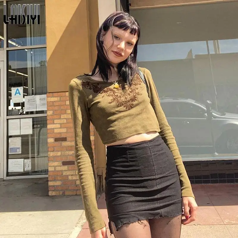 

Укороченная футболка цвета хаки Y2k в стиле ретро с графическим принтом в стиле 90-х инди, укороченный топ с длинным рукавом, Короткие топы, жен...