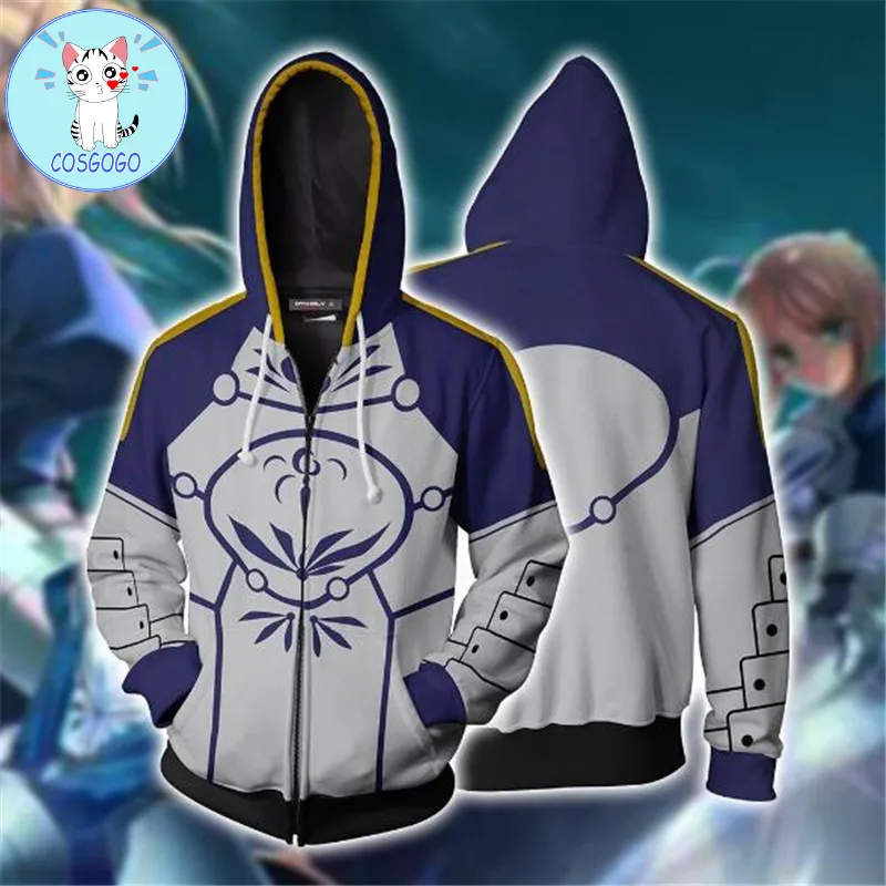 COSGOGO аниме Fate/stay night Saber косплей костюм толстовка на молнии мужской и женский