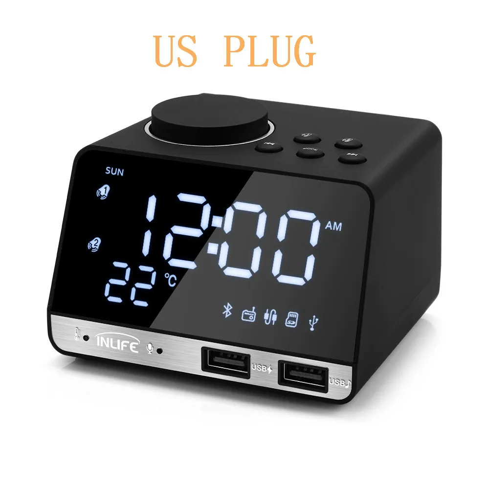 US plug Black Inlife K11 Bluetooth 4,2 радио будильник динамик с 2 usb-портами светодиодный цифровой будильник декорация дома Повтор Настольные часы - Цвет: US plug Black