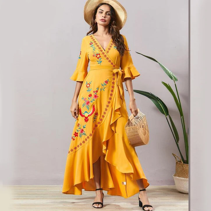 

2021 Spring New Boho Long Maxi Dress Wrap Kaftan Women Muslim Abaya Dubai Caftan Turkish Party Gown Islamic Clothing Vestidos