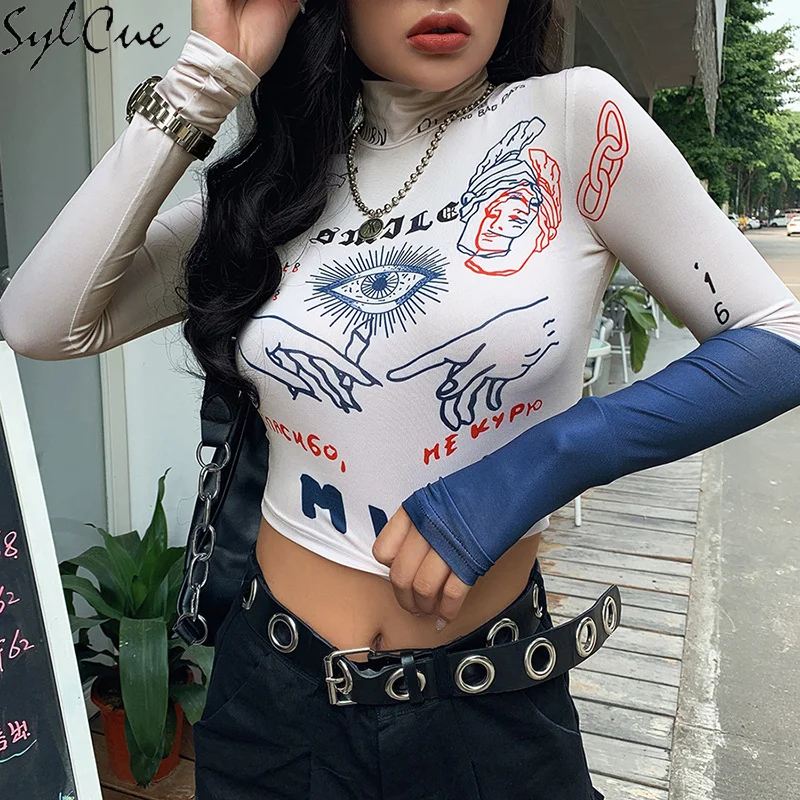 

Sylcue Tight-Fitting Breathable Comfortable Avant-Garde Casual Splicing Half-High Neck Print Cropped Top Bottoming T-Shirt Women