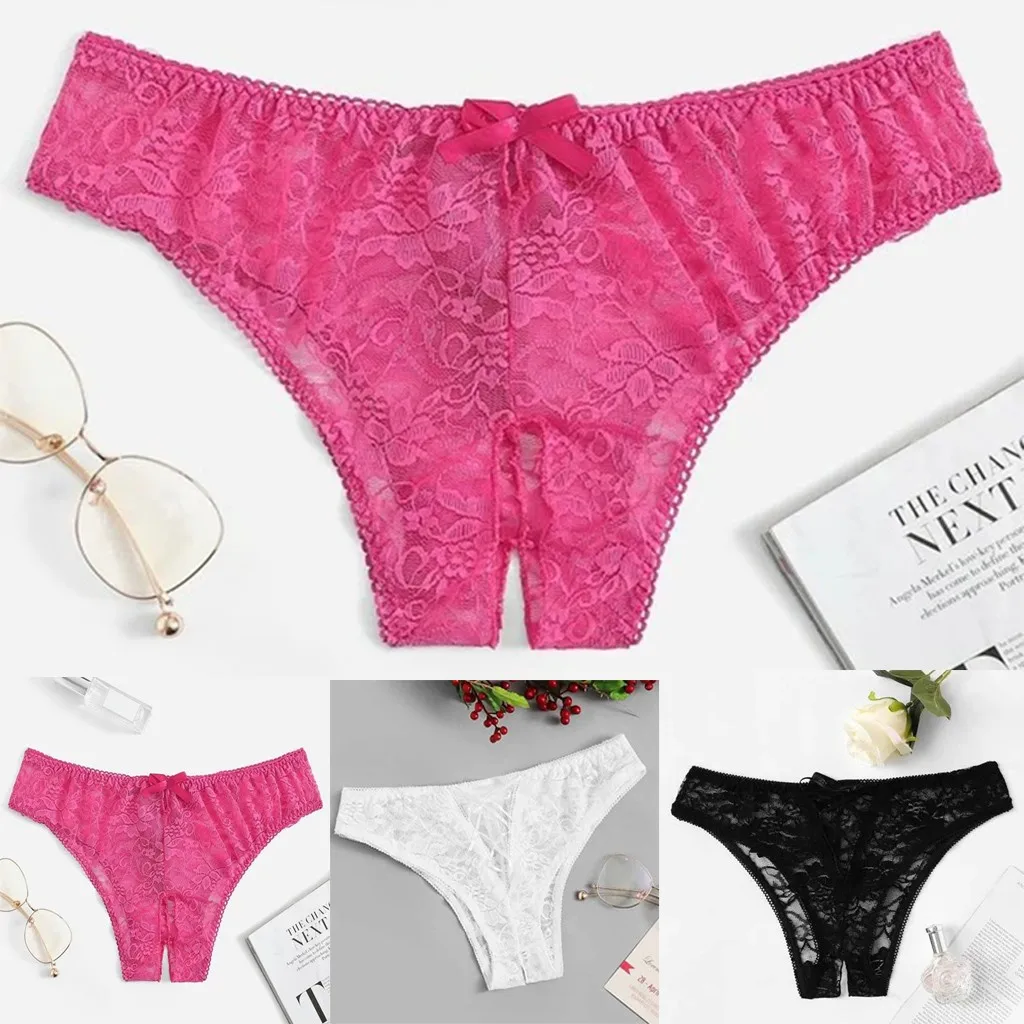 

Sexy open crotch lace panties 1pcs feminine floral lace panties open crotch strap solid color thong panties