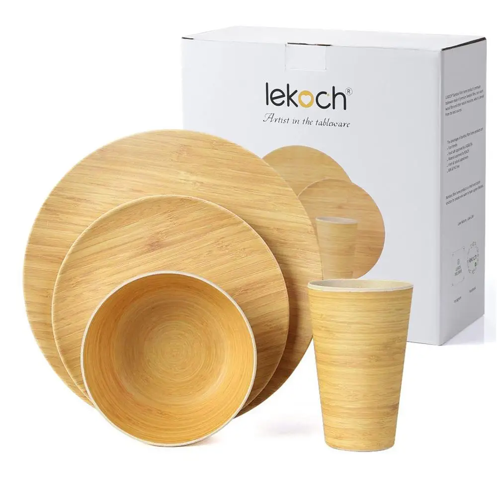 Lekoch, 16 шт., бамбуковые круглые тарелки, наборы посуды, Huosehold, твердый салатник, набор посуды, Экологичная тарелка для подарка - Цвет: 1SET 4PCS