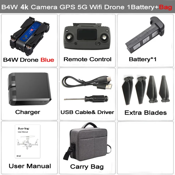 Blue 4K 1BAT Bag MJX Bugs 4W B4W gps Радиоуправляемый Дрон с камерой 4K HD бесщеточный Дрон складной 5G wifi FPV Квадрокоптер 1,6 км 25 минут оптический поток - Цвет: Blue 4K 1BAT Bag