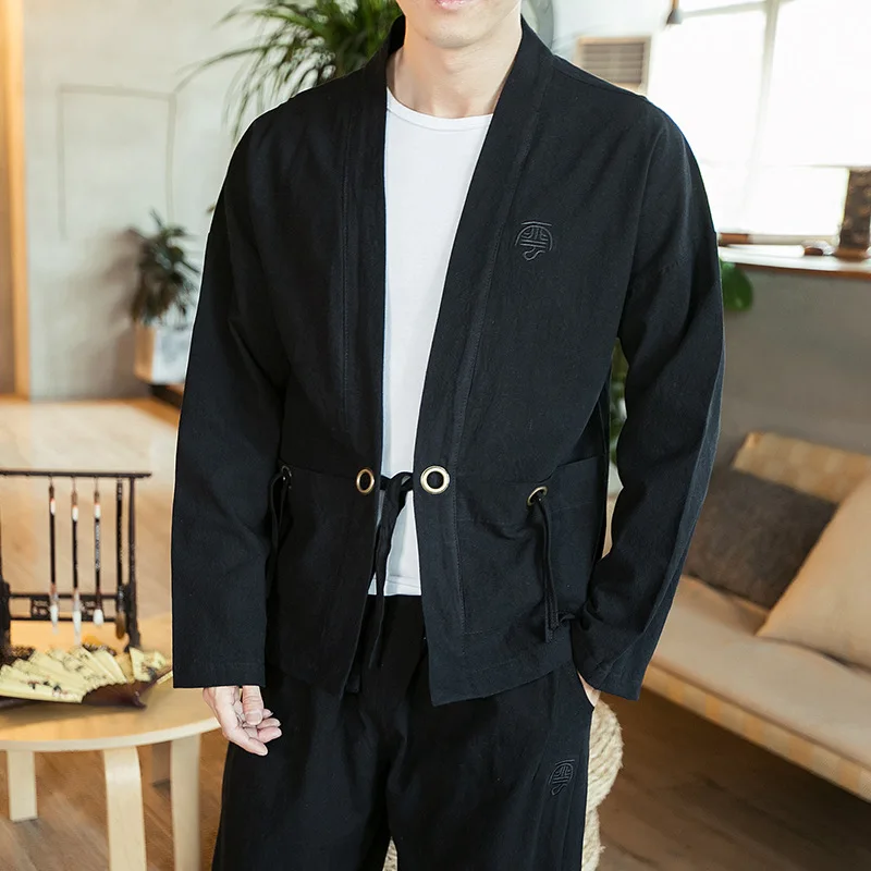 

Chinese Men Black Anceint Hanfu Shirt Autumn Thin Cotton Linen Cardigan Plus Size 5XL Japanese Kimono Loose Top Robe Gown Pocket