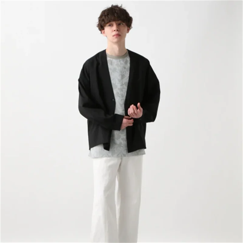 

Men's spring and autumn new classic contracted cardigan without collar long sleeve jacket dark leisure jacket urban fashion