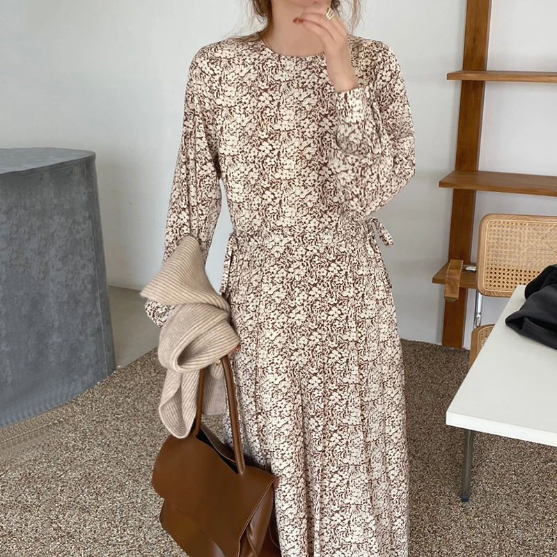 

Женское Плиссированное Платье макси с высокой талией, длинным рукавом и круглым вырезом