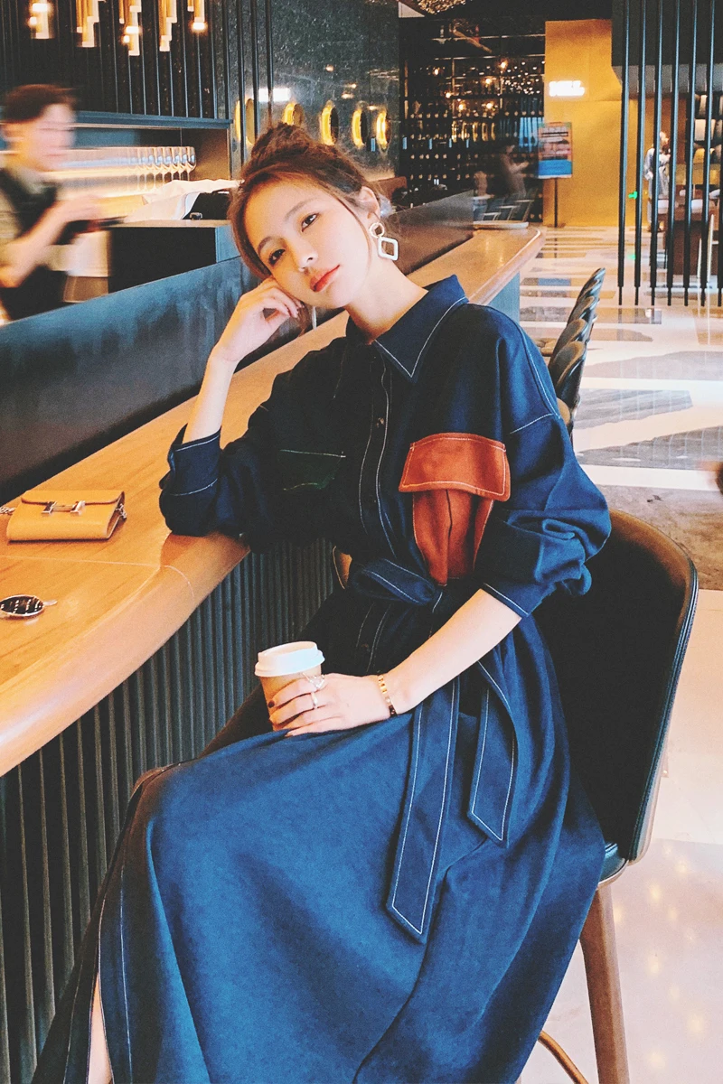 

Shirt Dress for Women Fashion Korean Splice Long Sleeve Bandage Maxi Dress Female Elegant Chic Plus Size Slim Big Swing Dresses