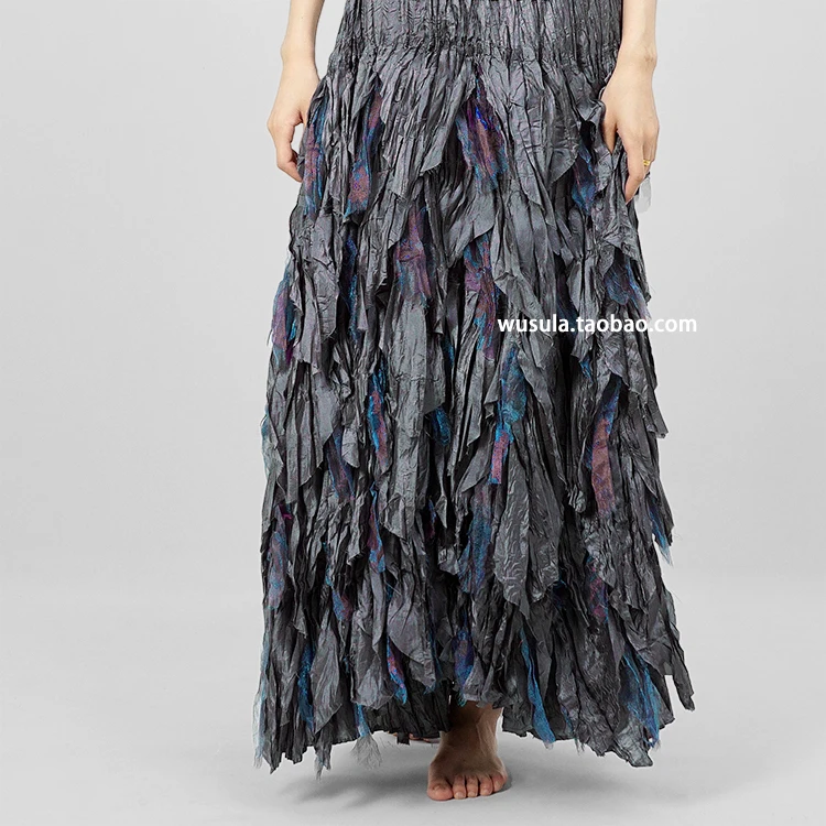 HOT SELLING Miyake fold sleeveless round collar slim T-shirt + Peacock petals skrit irregular suit IN STOCK