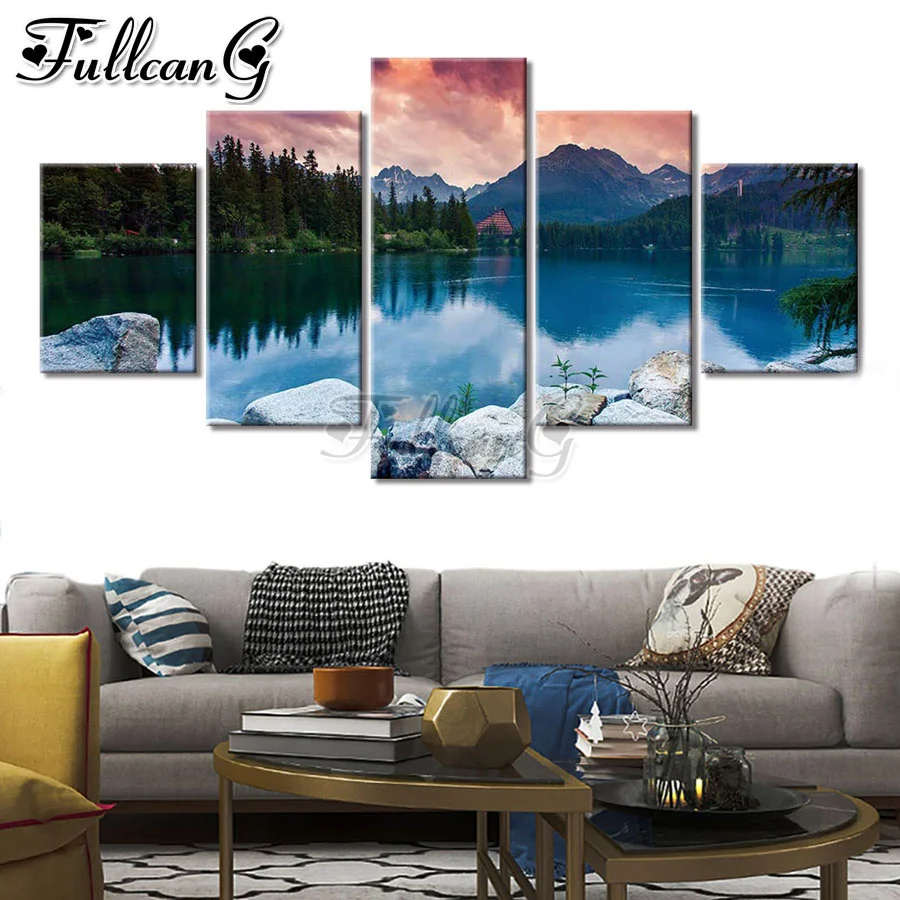 

FULLCANG Spring natural scenery lake 5 piece diy diamond painting full square round drill mosaic embroidery sale FC3440