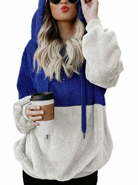 

Casual Loose Plush Leopard Patchwork Hoodies Women Zipper Tops Long Sleeve Drawstring Hooded Warm Sweatshirt With Pockets Autumn
