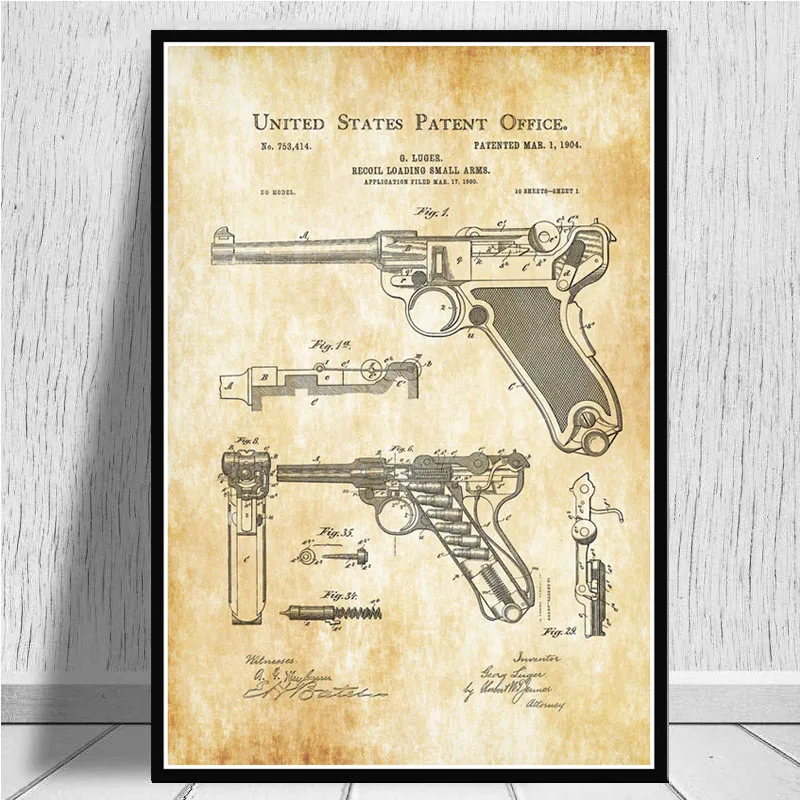 Картины Wall Art Luger пистолет холст модульный план рисунок пистолетов HD