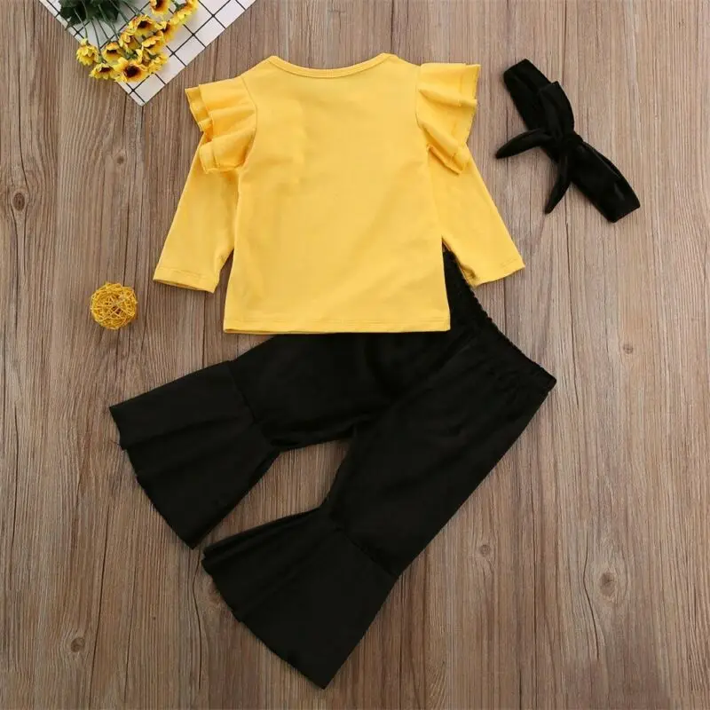 

2019 Baby Spring Autumn Clothing Infant Baby Girls Ruffle T-shirt Tops Flared Pants Headband Outfit Newborn Clothes Sets 0-24M