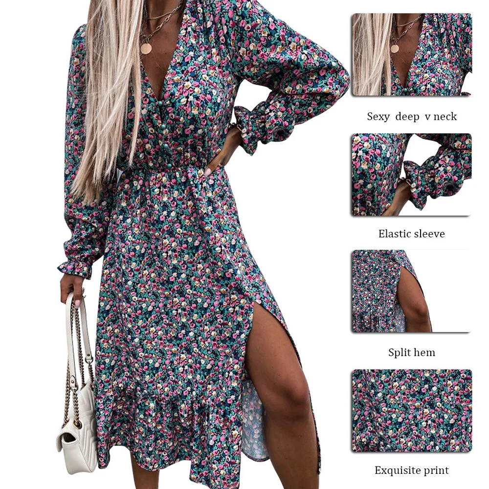 

Summer Floral Print Dress Women V Neck Side Slit Long Dress Elegant Short Sleeve Button Slim Spring Female Party Dress Vestidos
