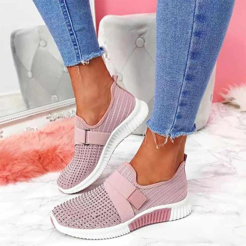 

Women Crystal Sneakers Woman Slip On Flat Women's Comfort Breathable Mesh Vulcanized Ladies Outdoor Female Light Shoes Plus Size