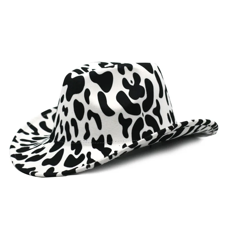 

Double-sided cow pattern top hat women's rolled-brim fedora hat western cowboy felt hat winter thick warmth ladies jazz hat