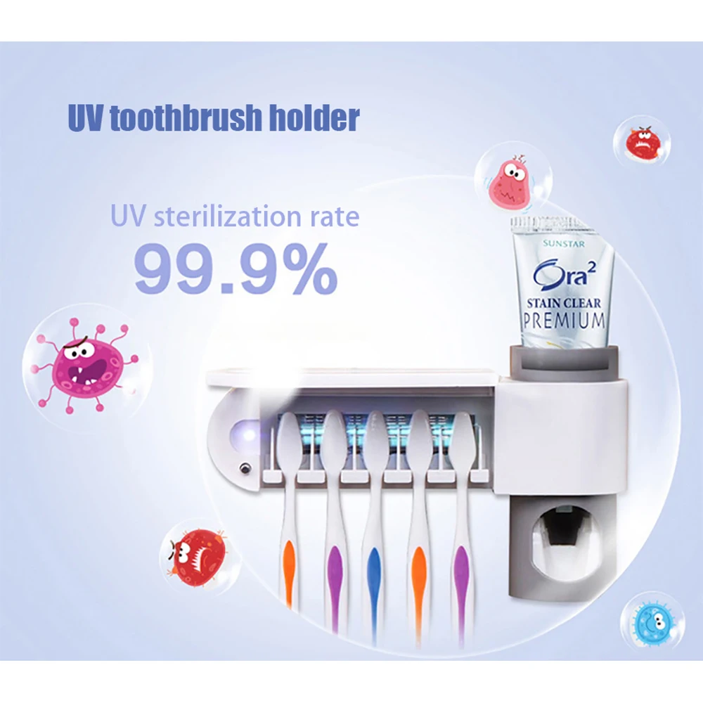 

Luxury Toothbrush Holder UV STERILIZER Automatic Toothpaste Dispenser Toiletries Storage Rack Bathroom Accessories Set