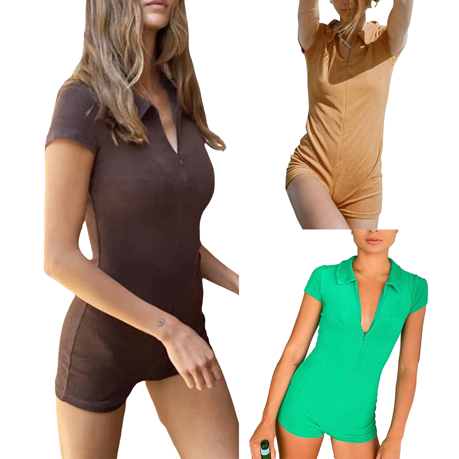 

Womens Summer Sexy Tight Short Jumpsuit Fashion Solid Color Lapel Zipper Bottoming Bodysuit