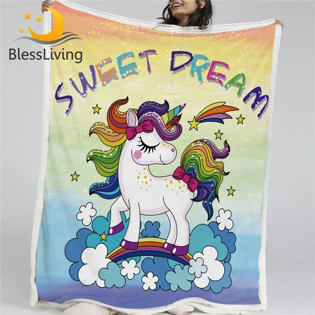 BlessLiving Unicorn Kids Blanket Cute Magical Unicorn Sherpa Fleece Blanket Rainbow Bed Couch manta Teen Girl Purple Bedding 1