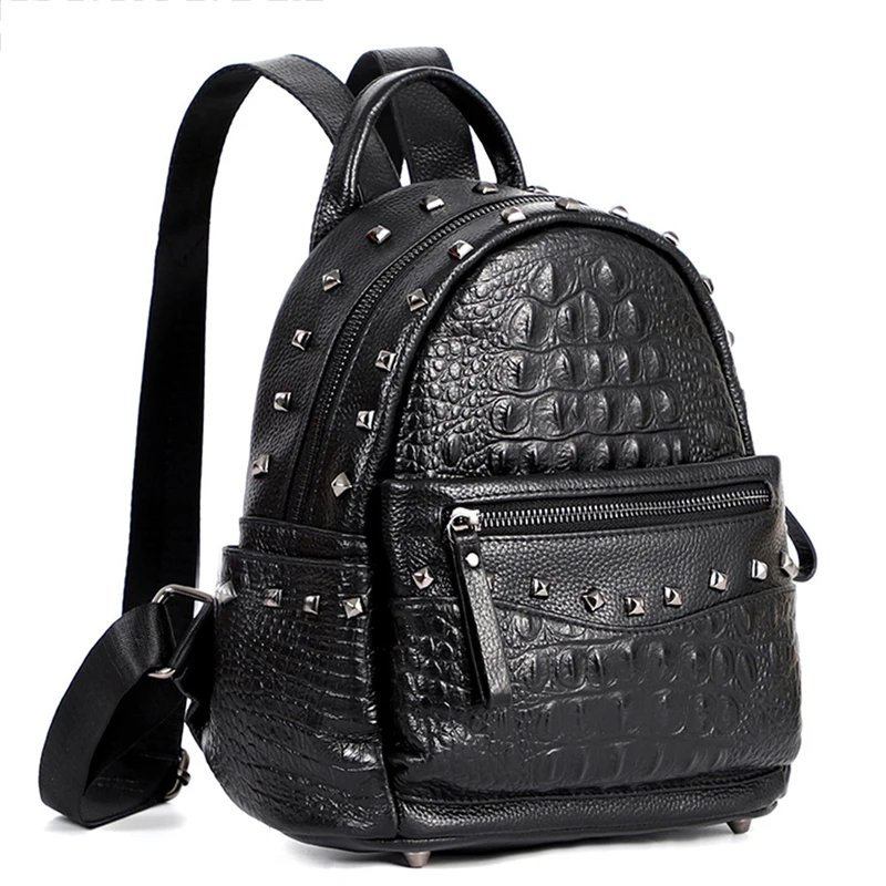 

Women Genuine Leather Backpacks Female Crocodile Pattern Rivet Travel Backpack Black School Bag for Teenage Girls Bags Rucksack