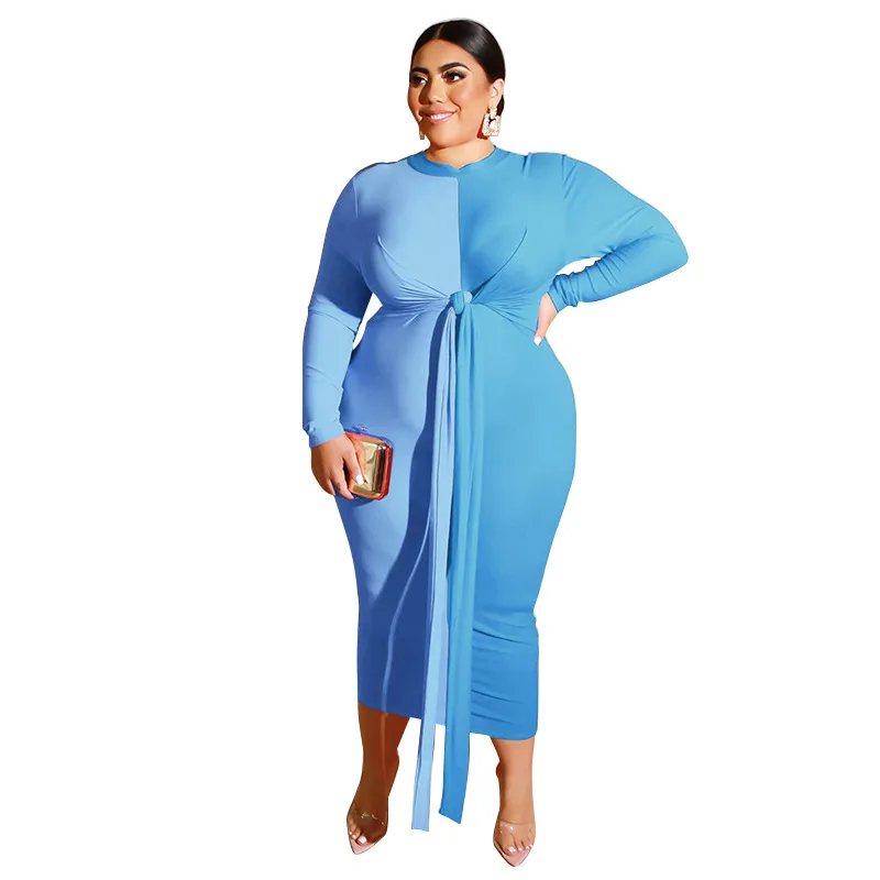 4XL 5XL плюс Размер цветной блок Новое Женское Макси платье с круглым вырезом с длинным рукавом весна осень длинное платье большой размер 3XL сексуальная одежда платья