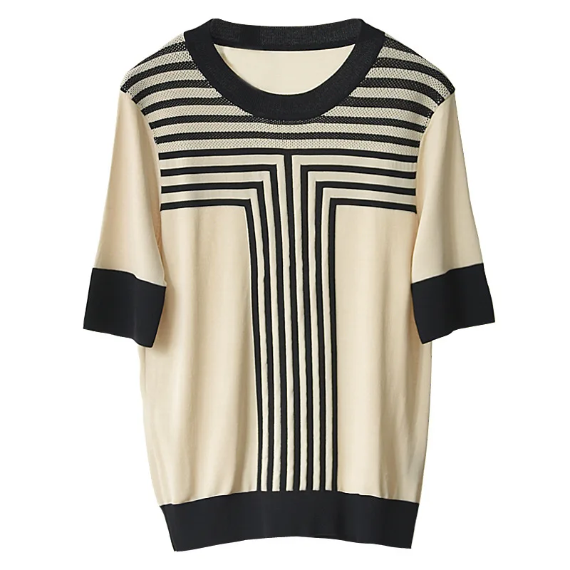 

Spell color stripe ice silk top female thin loose sweater with short sleeves T-shirt leisure