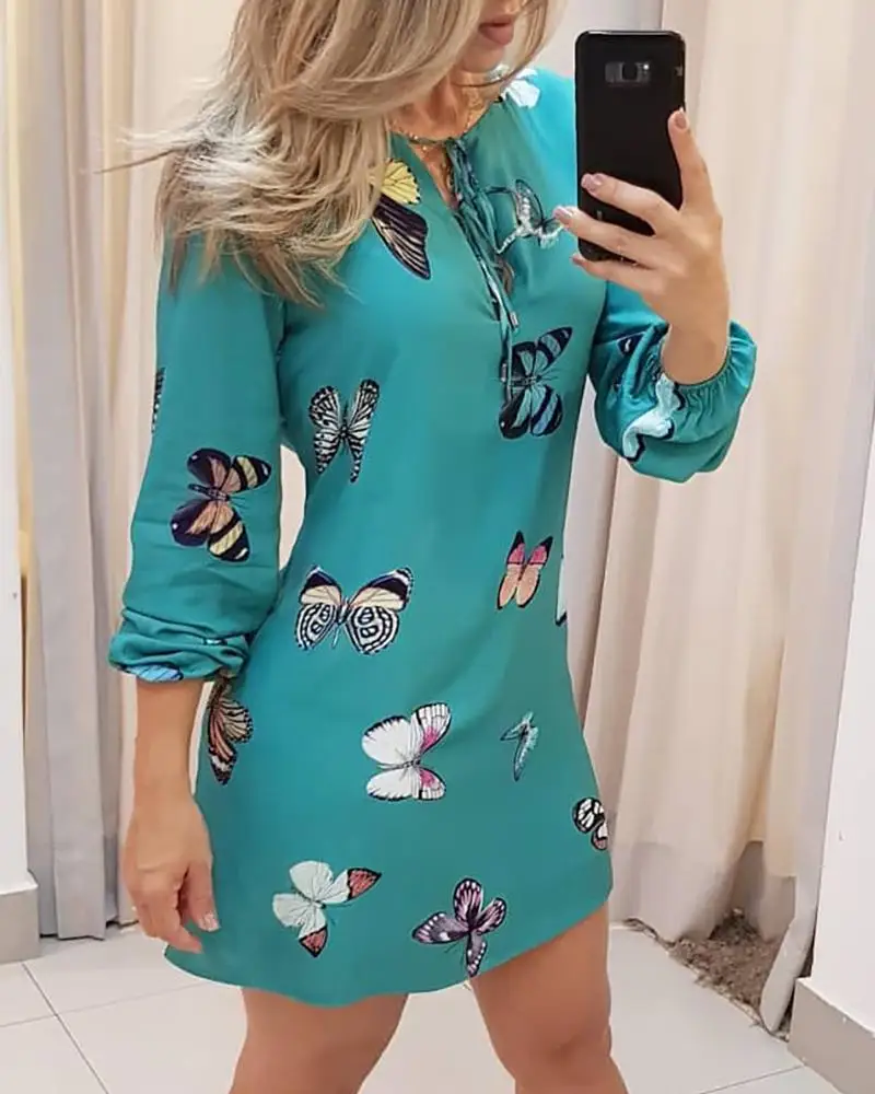 

European and American Women's Featured Printed Lace Casual Long Sleeve Dress
