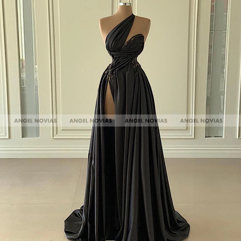 

ANGEL NOVIAS Long Black Arabic Evening Dress 2021 with Slit One Shoulder Robes De Soiree Longue