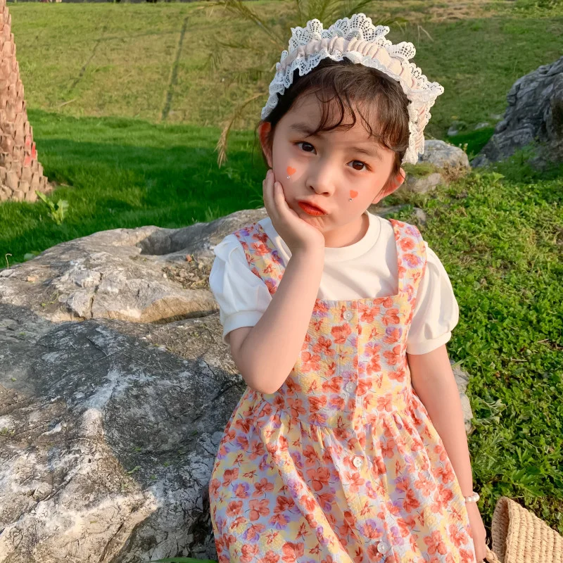 

2021 spring new Korean Princess children's Short Sleeve Top + floral dress two-piece set