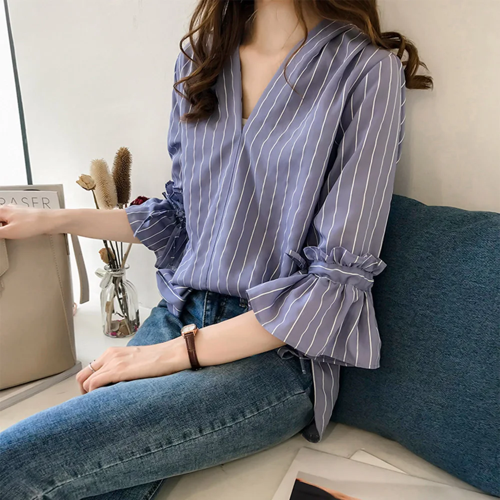 

Korean Blouse Stripe White/blue Women Fashion Office Lady Casual Shirt Flare Sleeve Pullover Casual Loose Tops 2022 Spring New