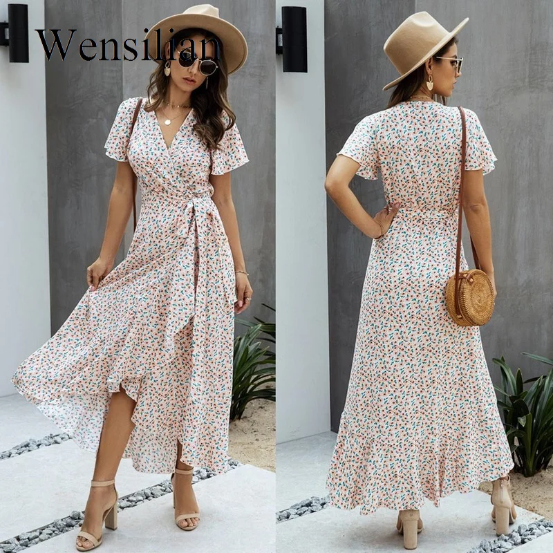 

Женское платье-макси в горошек, длинное пляжное платье с V-образным вырезом, оборками и коротким рукавом, праздничный сарафан в стиле ретро, ...