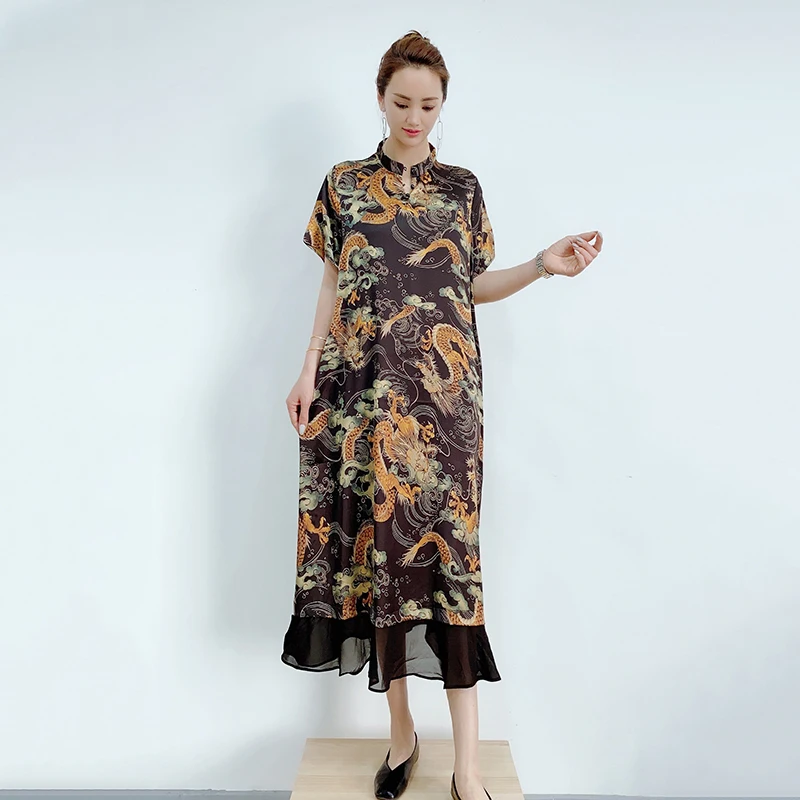 

CHICEVER Print Vintage Dress For Women Stand Collar Short Sleeve Lace Hem Mid Hit Color Loose Dresses Female Clothing 2021 Style